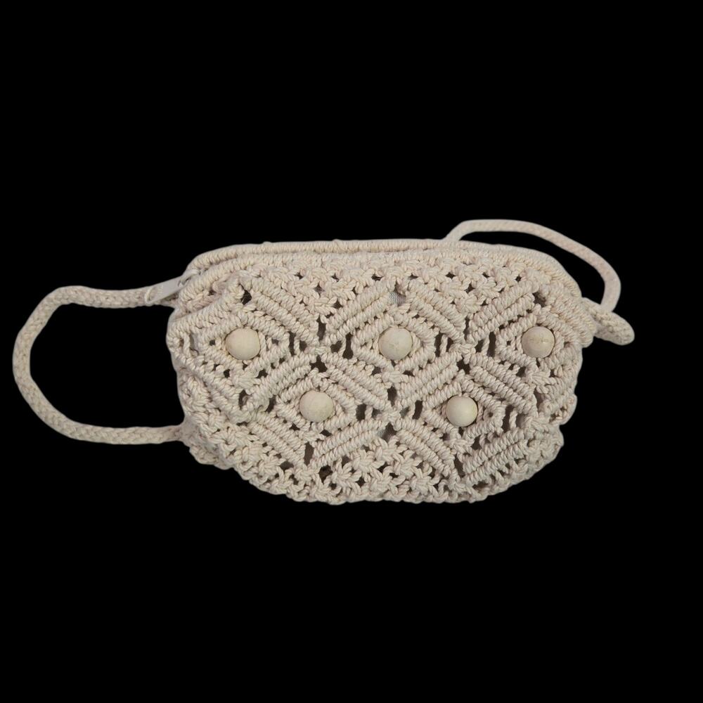 Artisan Crochet Crossbody Bag Cream Macrame Beaded Handmade Small Purse Beaded